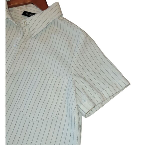 NWOT KITTENISH Short Sleeve Striped Cotton Hemp Tie Front Button Down Up Top L - Picture 3 of 14